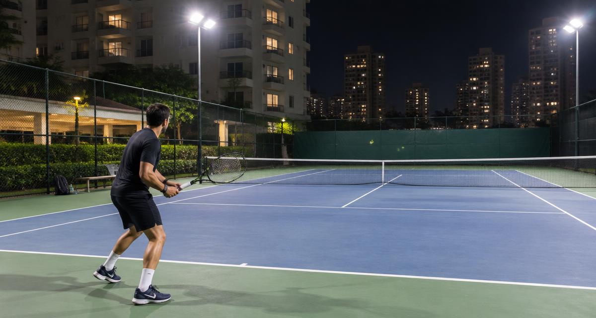 Quadra de tênis iluminada à noite em condomínio residencial de São Paulo