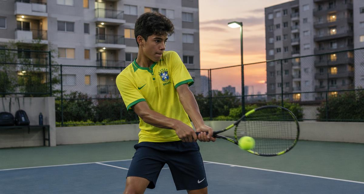 Adolescente rebatendo backhand em quadra de tênis de condomínio residencial