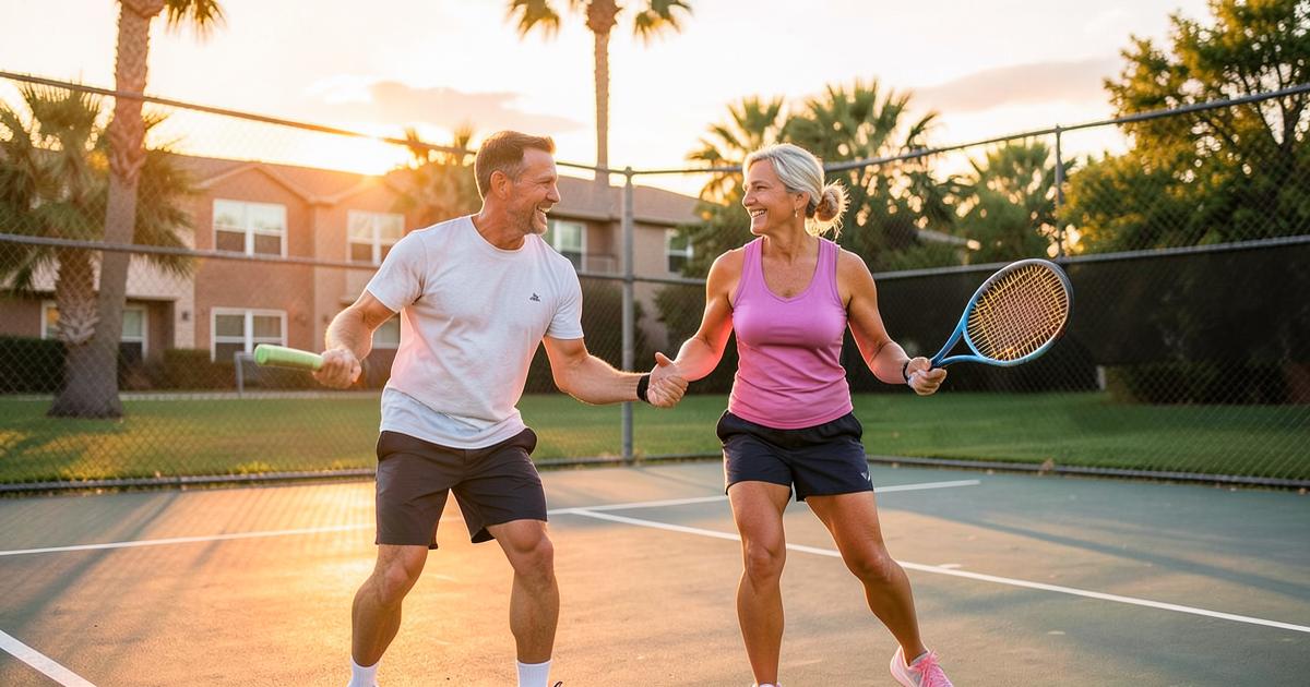 Casal adulto jogando tênis na quadra do condomínio ao pôr do sol