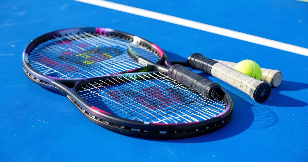 Duas raquetes de tênis e uma bola sobre quadra azul, detalhe das cordas e do cabo