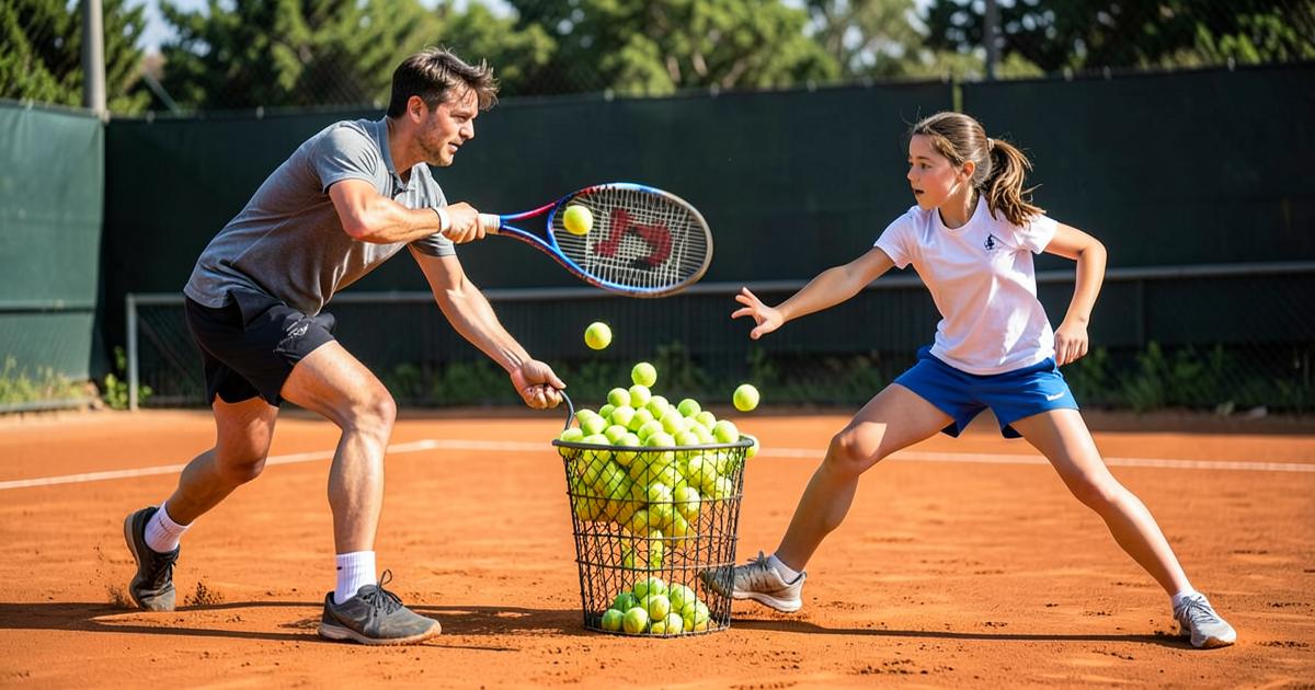 Professor de tênis lançando alto volume de bolas para aluna em quadra de saibro