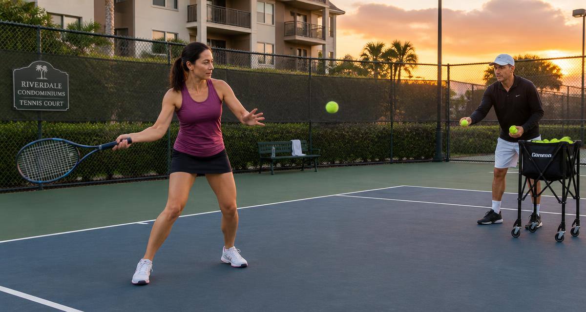 Aluna adulta iniciante treinando forehand com professor lançando bolas em quadra de condomínio